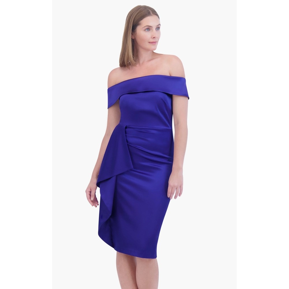 Eliza J Royal Blue Satin Off Shoulder Ruffle Cocktail Party Dress